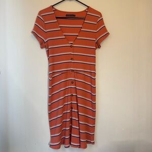 Abercrombie & Fitch Orange Coral Striped Ribbed Button Front Dress